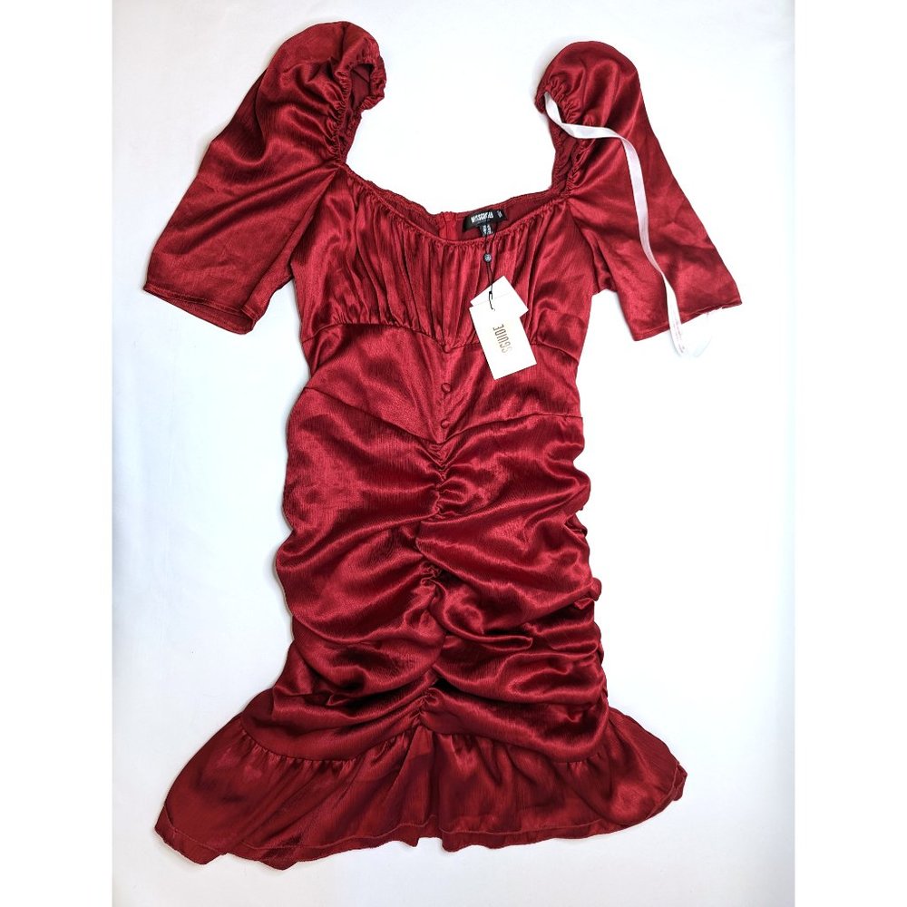 New Missguided Red Satin Milkmaid Button Ruffle Bodycon Dress Size Women's 10